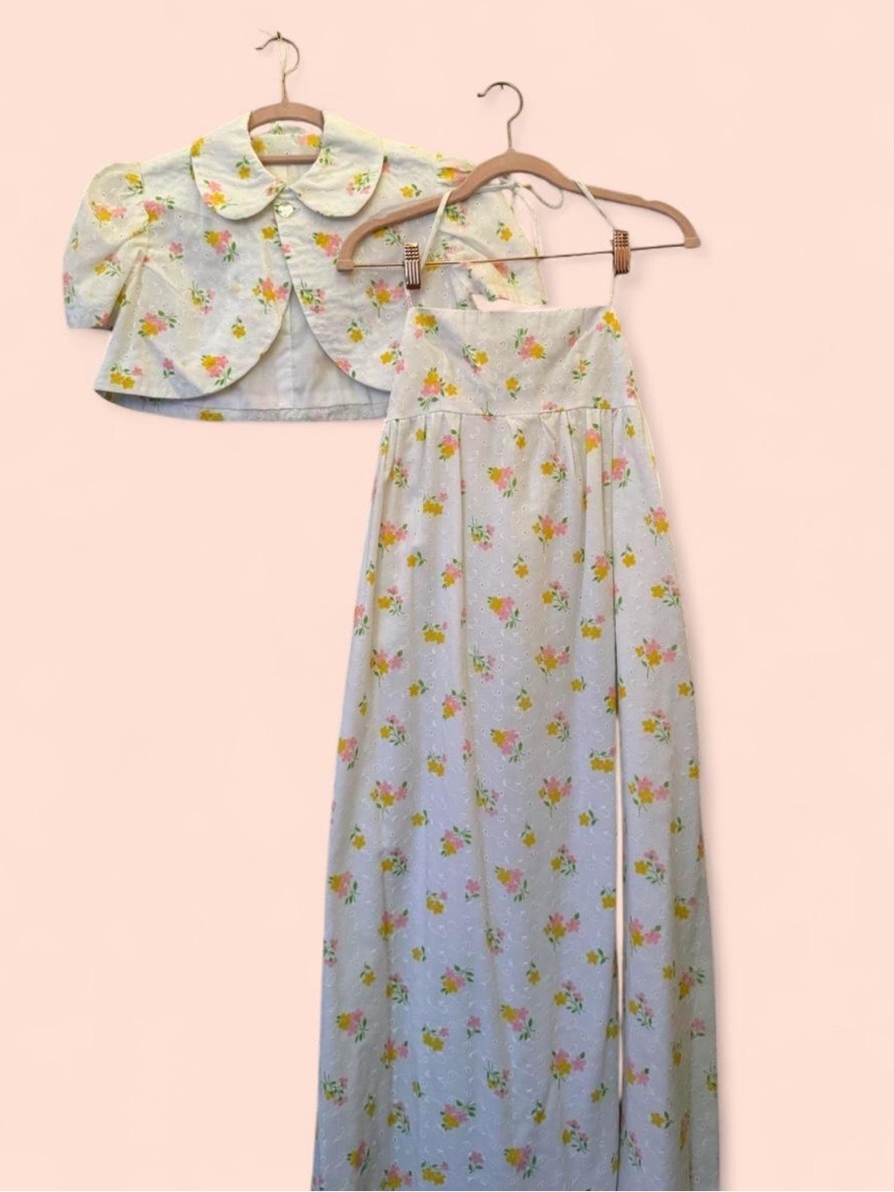 True-Vintage 1970s Floral Strapless Maxi Dress with Peter Pan Cropped Bolero XS